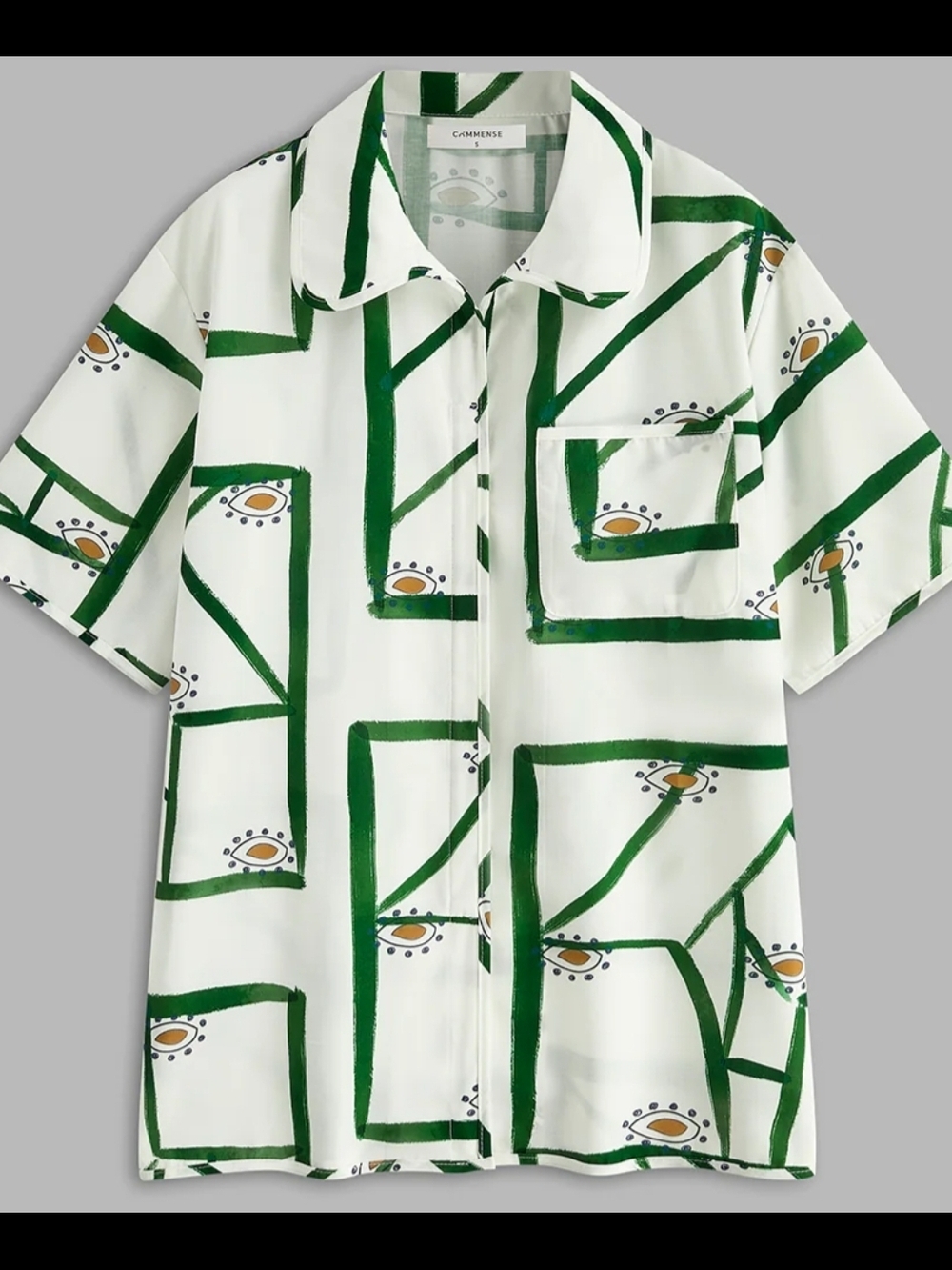 Commense White Button-Down Shirt with Green Geometric Print